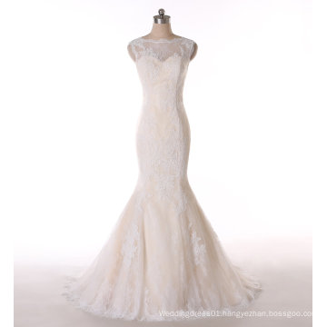 Mermaid Champagne Sheer Neck Wedding Dress with Appliques